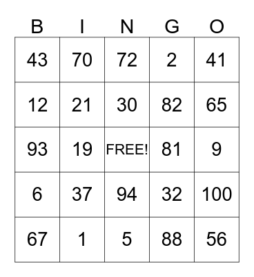 Number Bingo Card