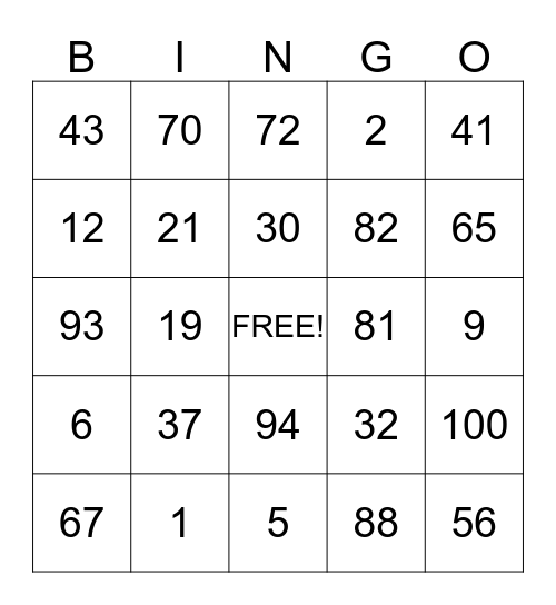 Number Bingo Card
