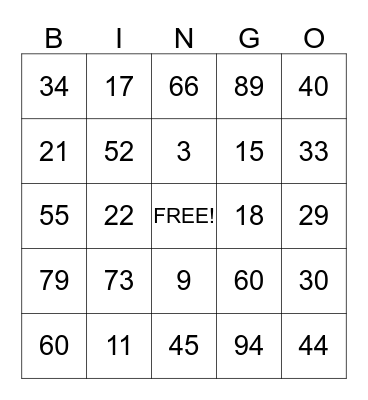 Number Bingo Card