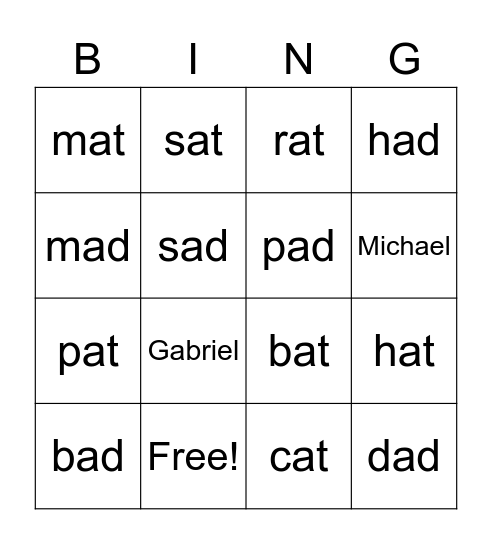 short a words Bingo Card