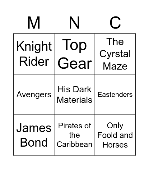 MNC Music Bingo - TV and Film Bingo Card