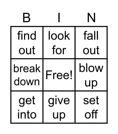Phrasal verb Bingo Card