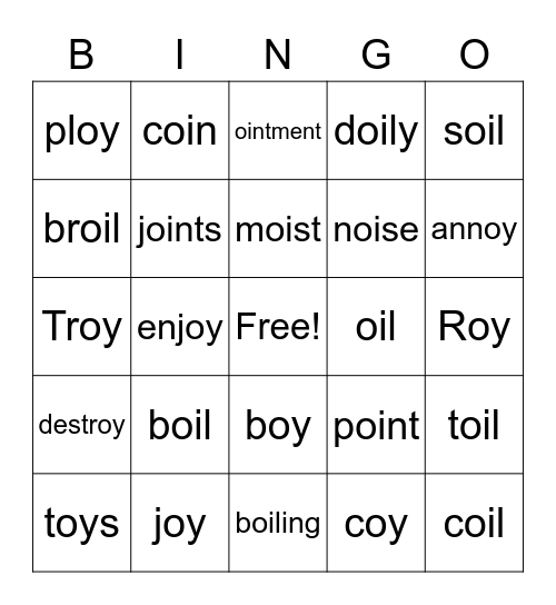 oi & oy Words Bingo Card