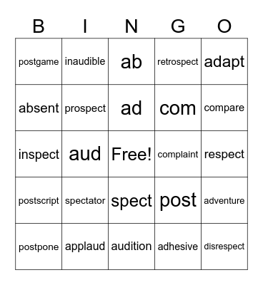 Aud, Spect, Post, Ad, Ab, Com Bingo Card
