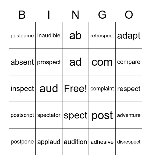 Aud, Spect, Post, Ad, Ab, Com Bingo Card
