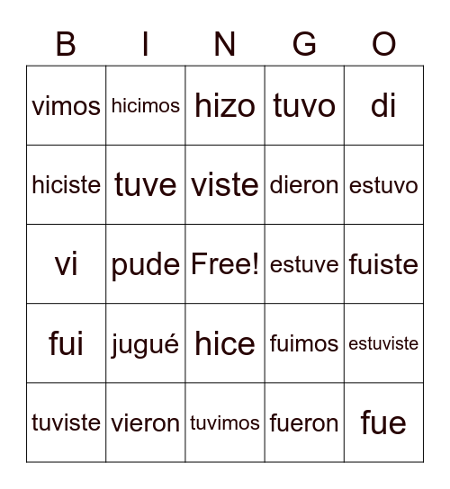 Preterite Tense Irregular Verbs Bingo Card