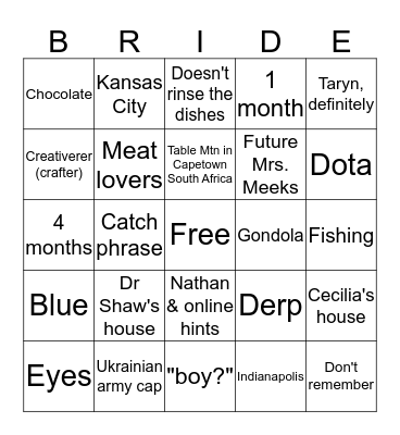 Tayrn and Nathan Meeks Bingo Card