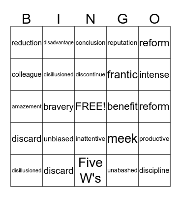 Vocabulary Bingo Card