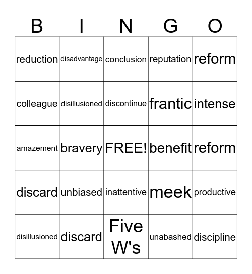 Vocabulary Bingo Card