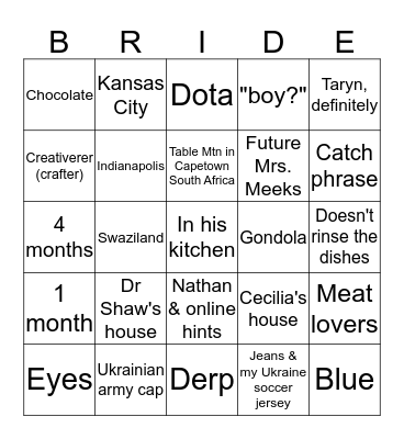 Tayrn and Nathan Meeks Bingo Card