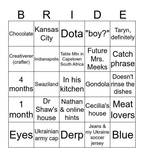 Tayrn and Nathan Meeks Bingo Card