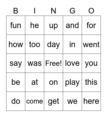 Snap Word BINGO! Bingo Card