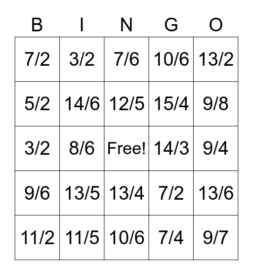 Mixed number to improper fraction Bingo Card