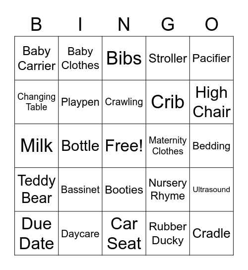 Pratt Baby Shower Bingo Card