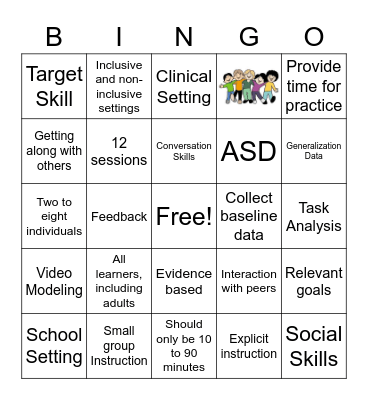 Social Skills Groups (SSG) Bingo Card