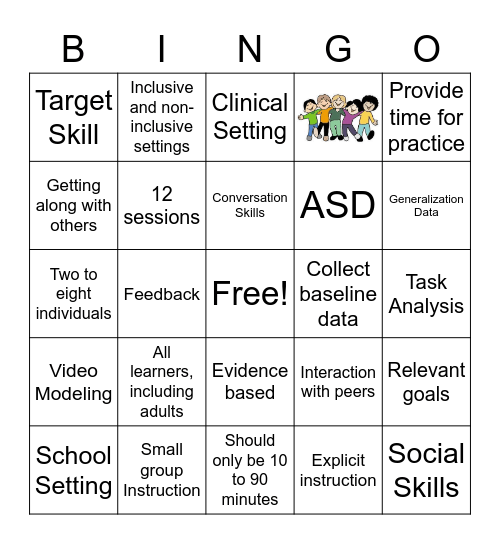 Social Skills Groups (SSG) Bingo Card