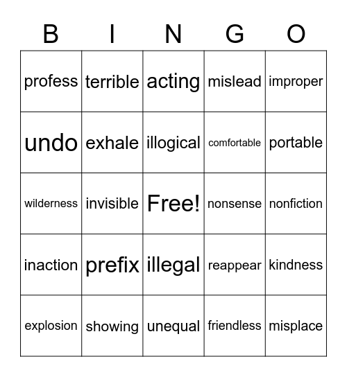 Prefix and suffix bingo Card