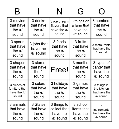 3 things /r/ sound Bingo Card