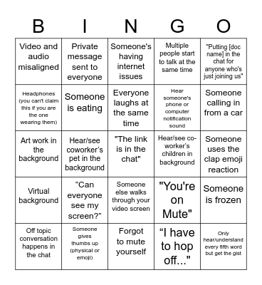 Zoom Meeting Bingo Card