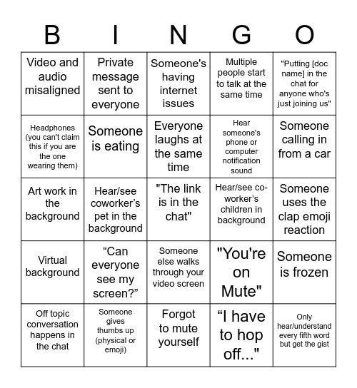 Zoom Meeting Bingo Card