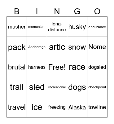 Iditarod Bingo Card