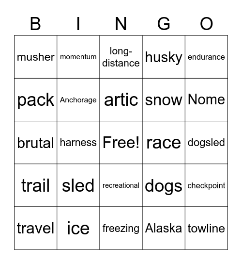 Iditarod Bingo Card