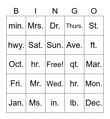 Abbreviation Bingo Card