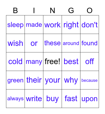 Sight Word BINGO Card