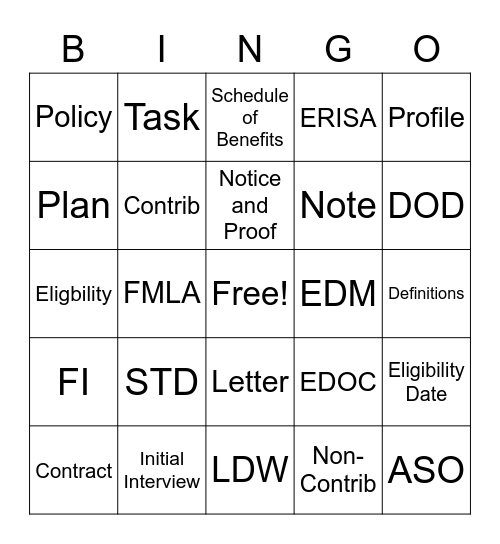 Long Term Disability Bingo Card