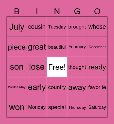 Kelly and Lexi Bingo Card