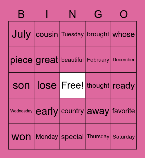 Kelly and Lexi Bingo Card