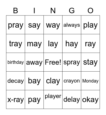 Phase 5 'ay' Bingo Card