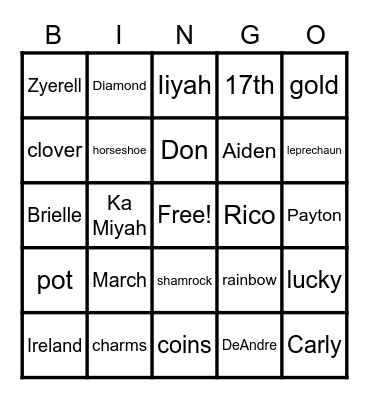 St. Patrick's Day Bingo Card