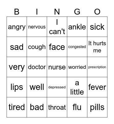 Feelings and Illnesses Bingo Card