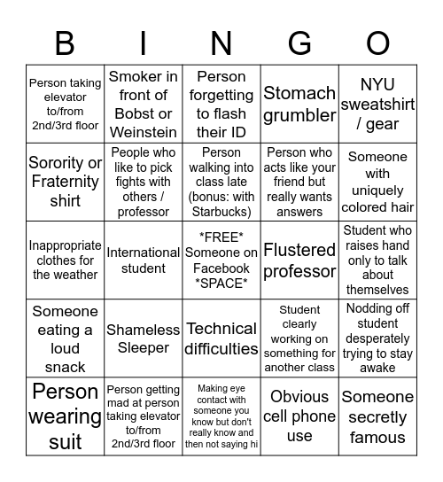 NYU Bingo Card