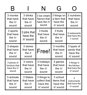 3 things /r/ sound Bingo Card