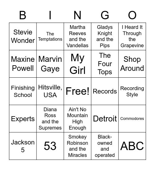 Motown Bingo Card