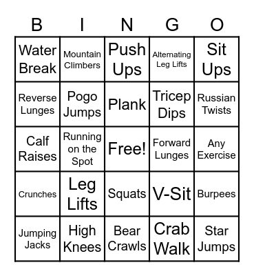 Physical Activity Bingo Card