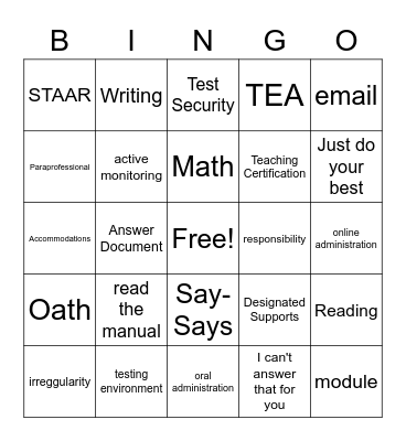 STAAR Bingo Card