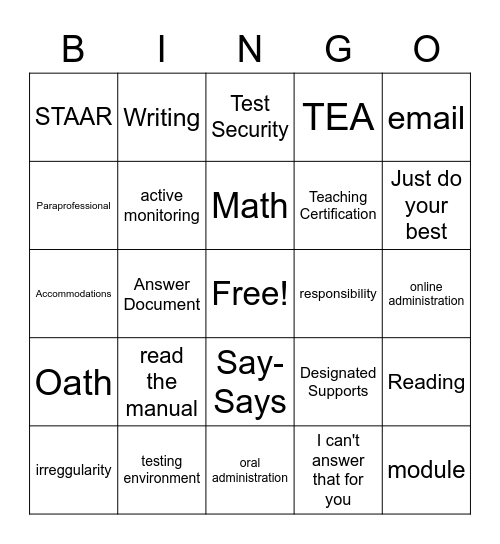 STAAR Bingo Card