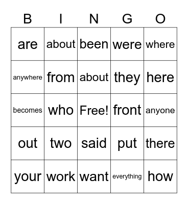 Sight Words (1 & 2) Bingo Card