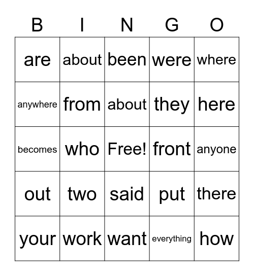 Sight Words (1 & 2) Bingo Card