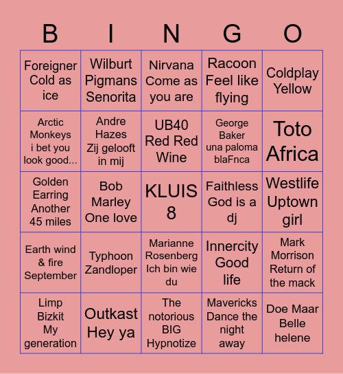 Kluis 8 MuziekBingo Card