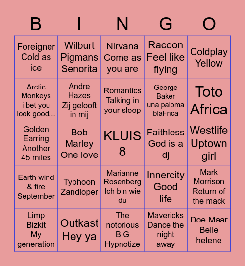 Kluis 8 MuziekBingo Card
