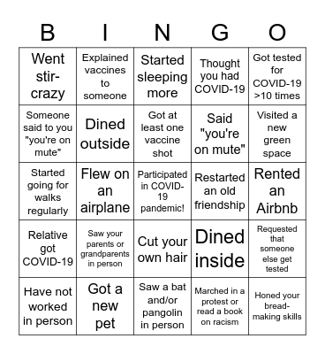 Pandemic Bingo Card