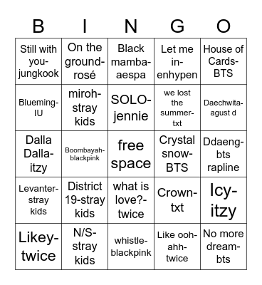 kpop song bingo Card