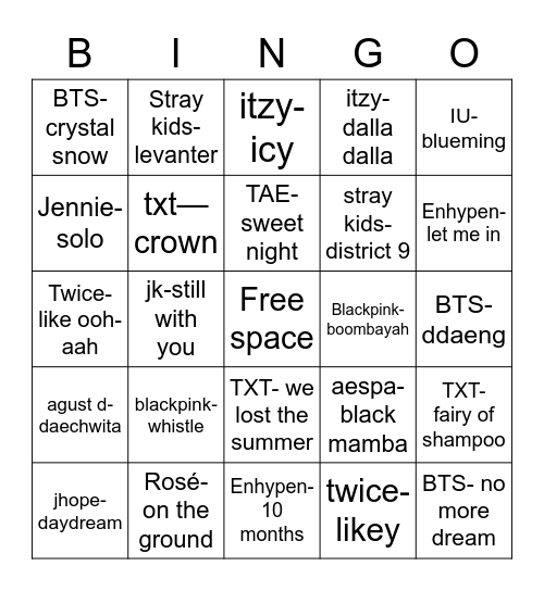 Kpop bingo Card