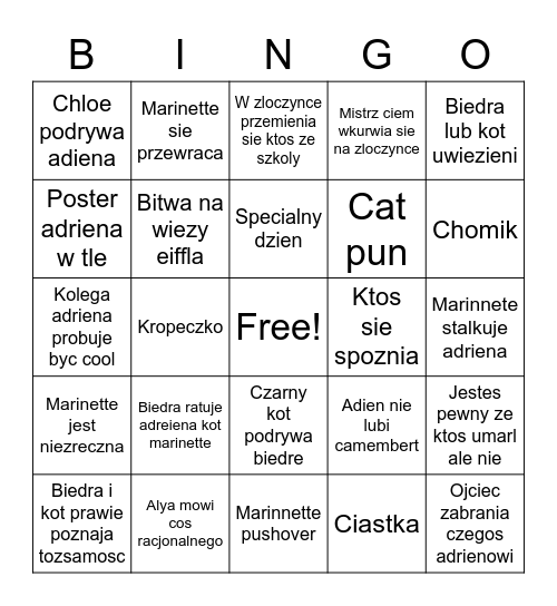 Miraculum Bingo Card