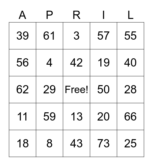 APRIL Bingo Card
