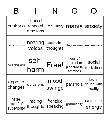 Schizoaffective Disorder Symptoms Bingo Card